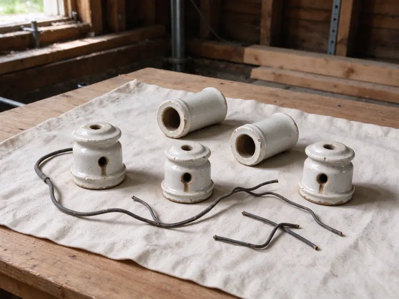Porcelain knobs, tubes and short wire pieces on a canvas cloth over a wooden workbench.