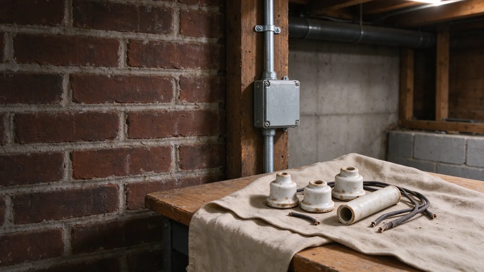 Loose porcelain wiring parts on a workbench, with a covered metal box and conduit on a post behind.