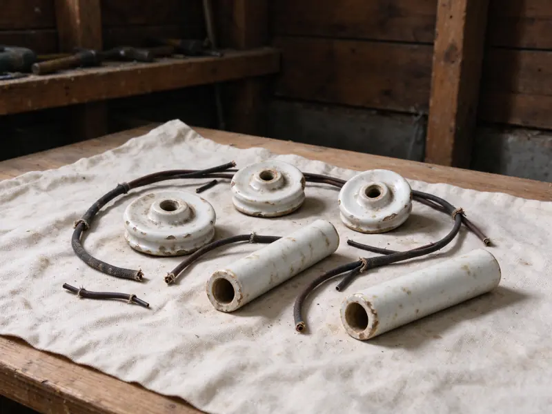 Loose porcelain knobs and tubes with short dark wire pieces on a canvas-covered wooden bench.